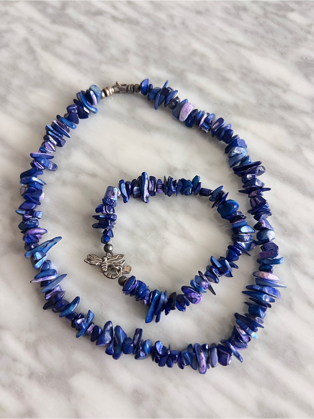 Blue Iridescent Shell Chip Necklace and Bracelet Set